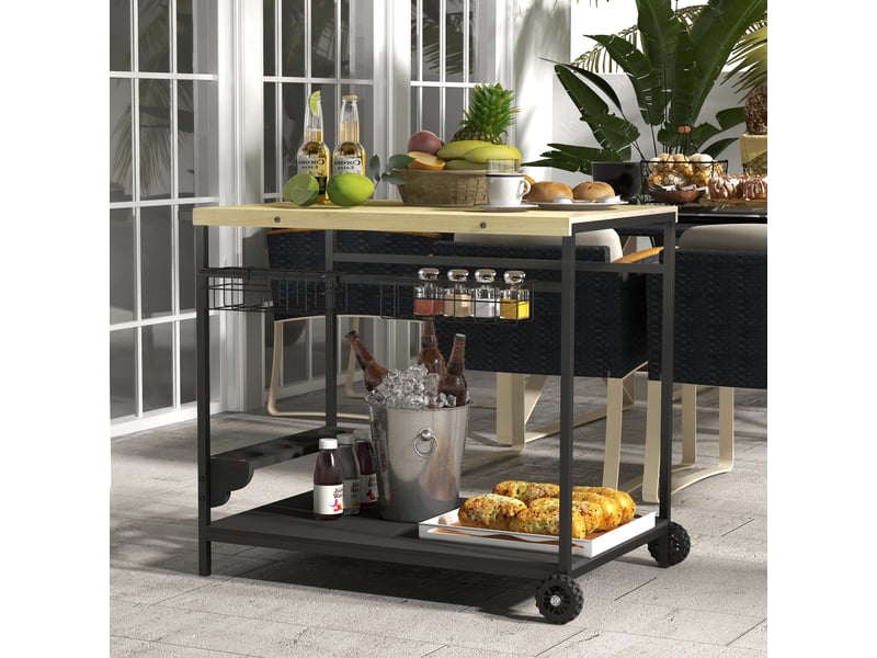 Chariot De Jardin Outsunny - 2 Plateaux, 2 Paniers, Porte-Bouteilles | Bois Et Métal, 97.5x65x81 Cm