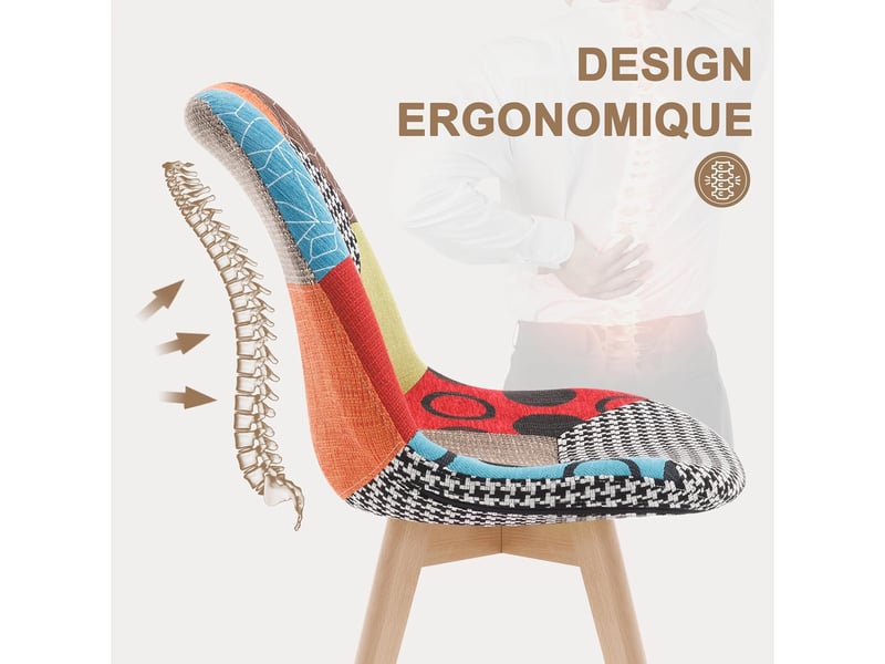 Lot De 4 Chaises Design Nordique - Structure Bois Et Assise Tissu Patchwork Bleu