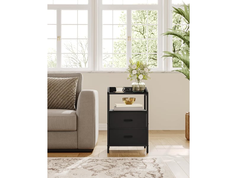 Table De Chevet Avec LED Et Prises Rolanstar - 2 Tiroirs Tissu - Noir - Parfaite Pour Chambre à Coucher