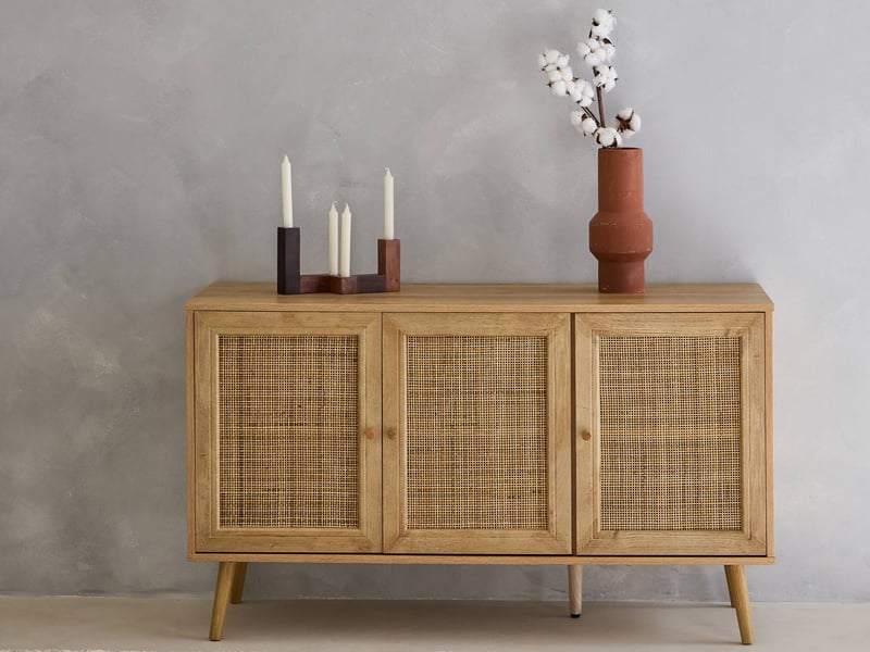 Buffet De Salon En Cannage 120 X 76 X 40 Cm - Style Bohème - 3 Portes, 2 Niveaux - Rangement élégant Pour Salle à Manger, Entrée - 2