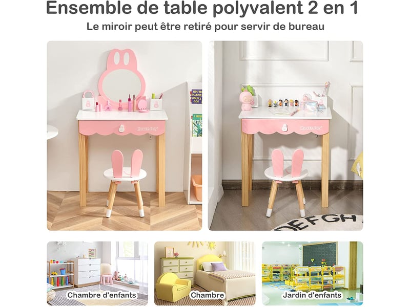 Coiffeuse Enfant 2 En 1 Princesse Avec Miroir Lapin - Table Maquillage Bois + Tabouret, Rose