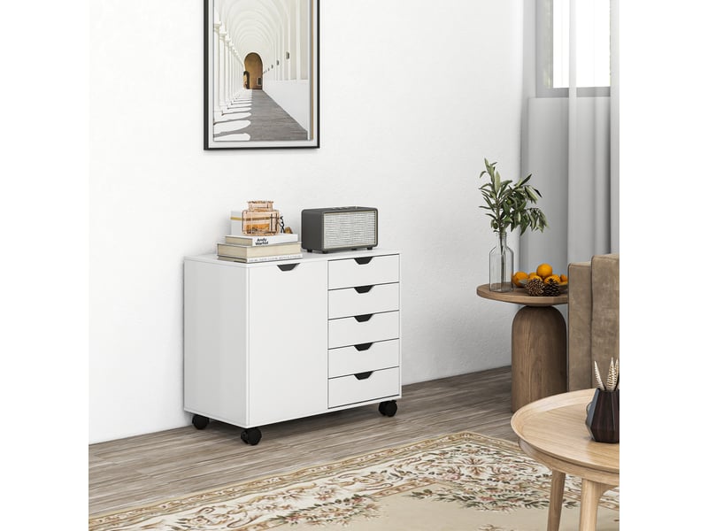Relaxdays Caisson De Bureau 5 Compartiments Avec Porte Et Roulettes - Blanc H 66,5 X L 60 X P 50 Cm