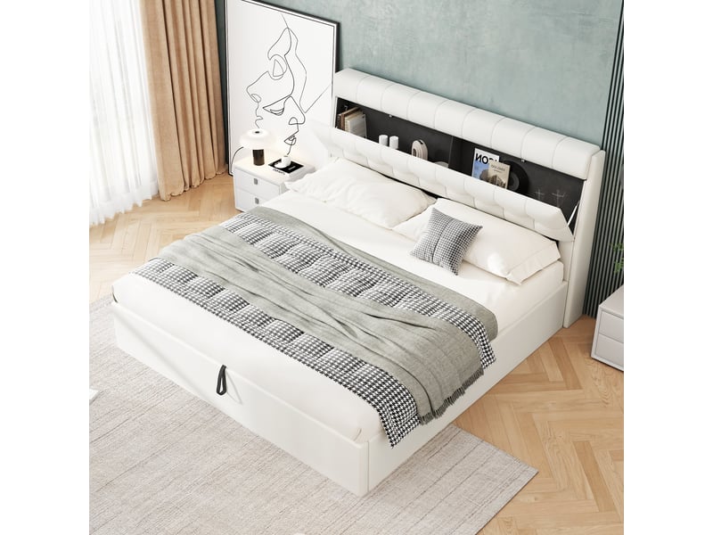 Lit Coffre Double 140x190 Avec LED Et Multiprise - Tête De Lit Capitonnée, Rangement Sous Sommier - Lin Gris Ou Blanc