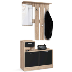 Vestiaire Entrée DETROIT Avec Miroir Et Range-Chaussures - Style Industriel Bois/Noir - 185cm