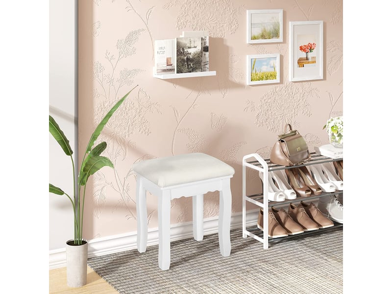 Tabouret Coiffeuse Avec Dossier Nœud Papillon | Coussin Rembourré, Pieds Réglables | Support 150 Kg, Blanc