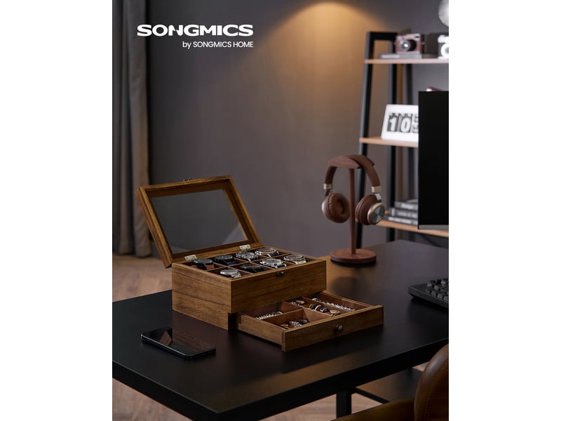 Boîte De Rangement En Bois Massif Pour Montres Et Bijoux - 6 Compartiments Avec Couvercle Transparent