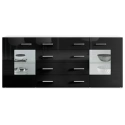 Buffet Dressoir Grömitz V2 - 166 X 72 X 35 Cm, Blanc Mat / Gris Sable Brillant, 4 Tiroirs + 2 Portes Vitrées