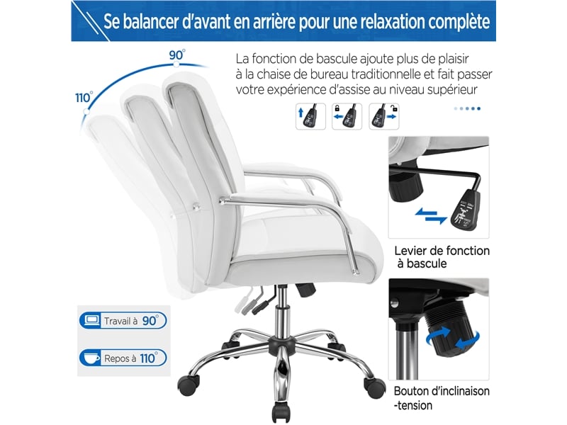 Chaise De Bureau Blanche FURNISH - Dossier Et Assise Rembourrés - Hauteur Réglable 37-49 Cm - Pivotante 360° - Sans Roulettes, Pieds Caoutchouc - Charge Max 120 Kg - 11