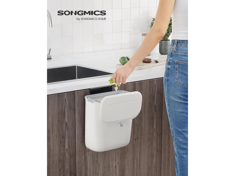 Poubelle De Cuisine Suspendue SONGMICS 9L - Compost, Déchets Alimentaires - Blanc - Accroche Placard