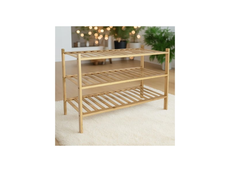 Étagère à Chaussures Bambou 3 Niveaux Pliable – Petite, Sans Montage, 6-9 Paires, Idéale Petit Espace (50x45x24 Cm)