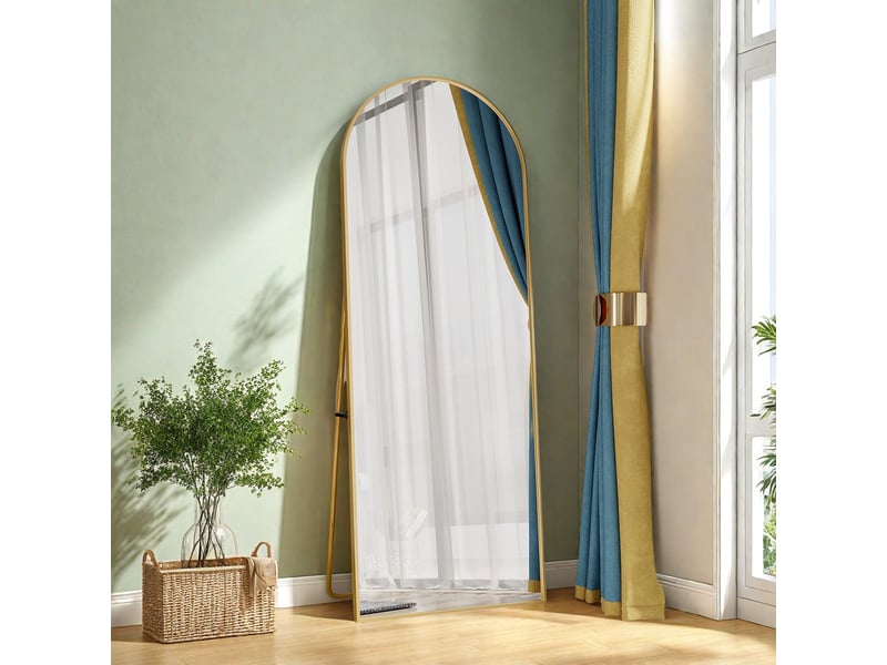 Miroir Sur Pied Arqué 162x53 Cm - Cadre En Aluminium Doré, Design Bombé, Pour Chambre, Salon, Dressing