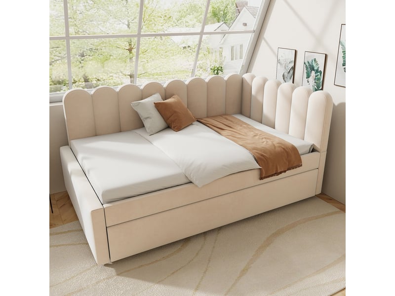 Canapé-lit En L Rembourré Velours Beige – 140x200 Cm + Lit Gigogne 90x190 Cm – Sans Matelas – Dossier Fleuri - 6