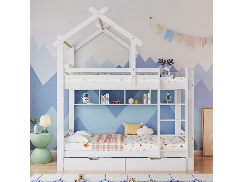 Lit Superposé Triple 90x200cm Blanc - Pour Enfants Et Ados Avec échelle Et Sécurité Renforcée