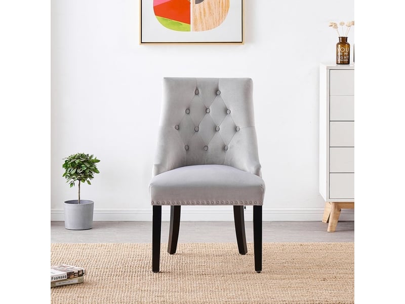 Lot De 6 Chaises De Salle à Manger En Velours Gris - Dossier Haut Avec Boucle Décorative, Pieds En Bois Massif Réglables
