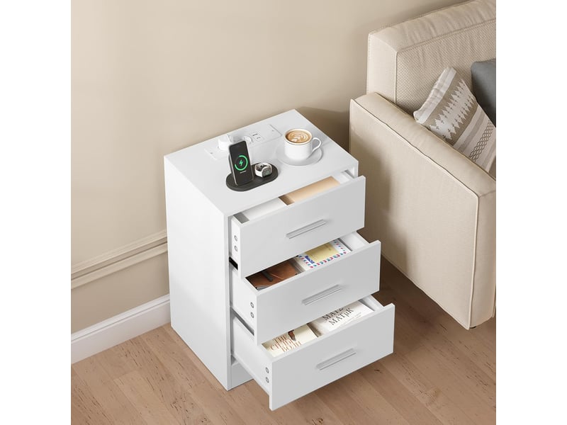 2 Tables De Chevet Avec LED, Ports USB/Type-C Et Prises AC - 48x35x57cm, Tiroir, étagère Ouverte - Design Moderne (Gris)