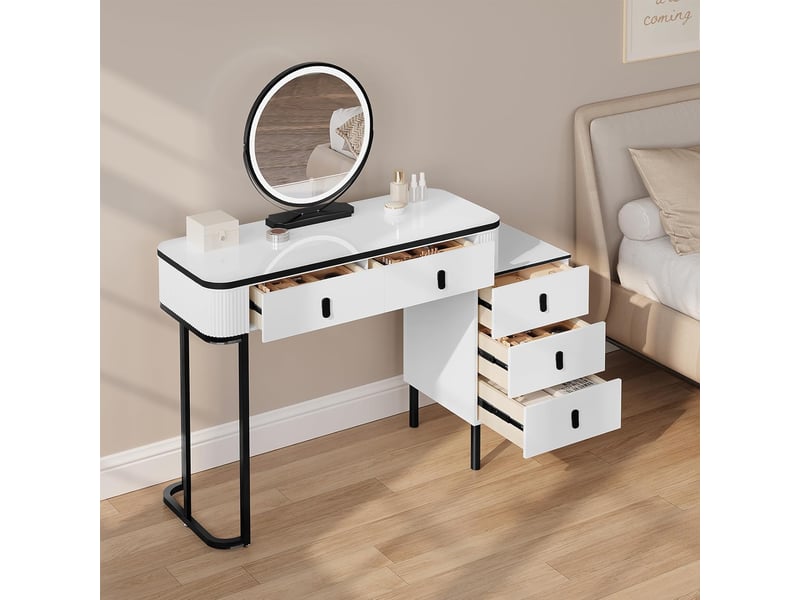 Coiffeuse Avec Miroir LED Et 5 Tiroirs - Table De Maquillage Blanc, Prise USB, 40x80x135 Cm - 4