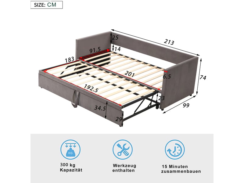 Canapé-lit Extensible 180 X 200 Cm - En Flanelle, Convertible En Canapé 90 Cm, Charge 370 Kg - 10