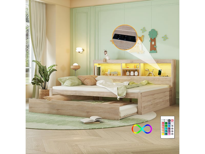 YEHTOKHOME - Lit De Jour Canapé-lit Multifonction Avec Rangement, Ports USB/C Et Lit Escamotable - 90x200 Cm - Beige/Gris - 5