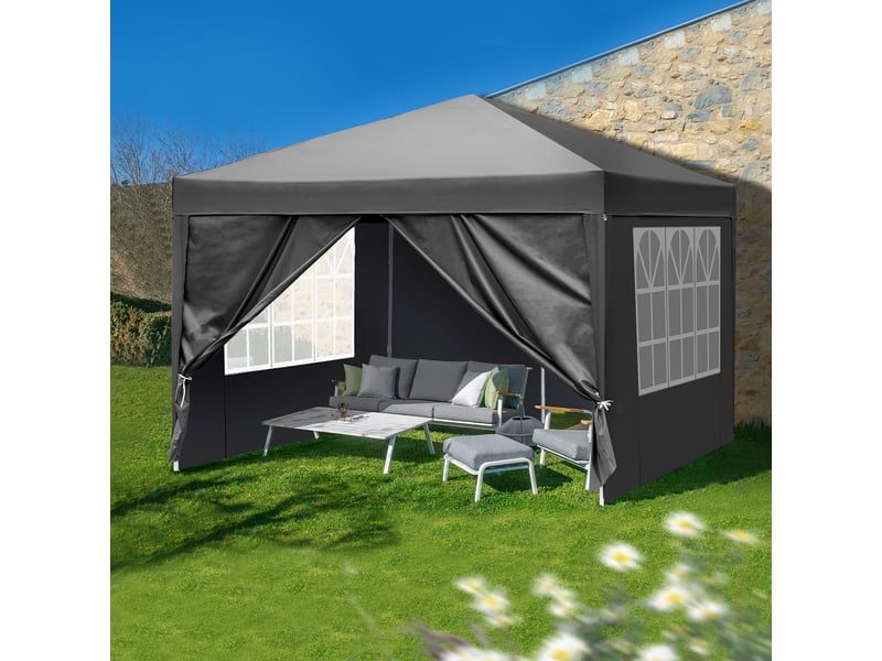 Parois Latérales Pour Pavillon De Jardin 3x3m - Lot De 2 - Polyester Imperméable Anthracite Avec Fenêtre - 7