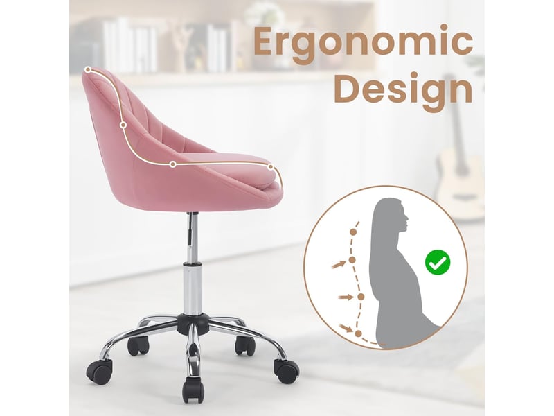 Chaise Bureau Ergonomique WOLTU - Siège Velours Rose Rembourré - Hauteur Réglable - Pivotante 360° - Pour Bureau Ou Coiffeuse