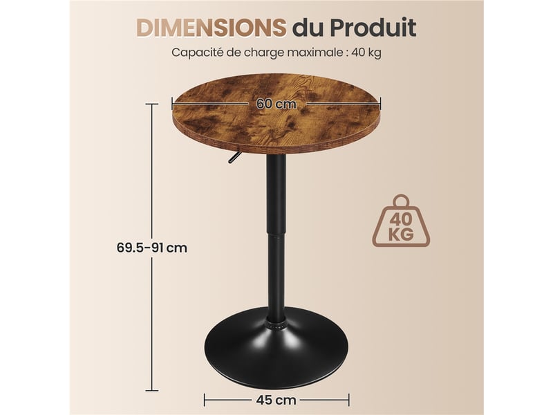 Table De Bar Réglable HOMCOM – Plateau Pivotant 360°, Hauteur 69-91 Cm, Base Acier, Design Naturel/gris