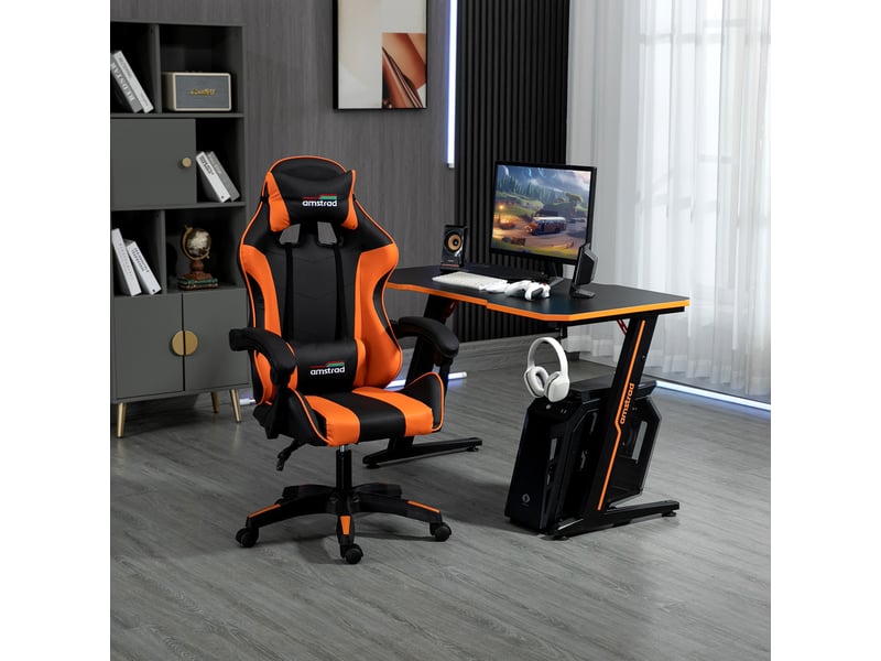 Pack Bureau Gamer Amstrad - Bureau 120 Cm Style Carbone & Fauteuil Inclinable, Finition Orange/noir
