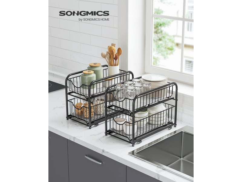 Organisateur Coulissant 2 Niveaux Pour Placard - 26x37x38,5 Cm, Acier, Rangement Sous Évier/Cuisine/Salle De Bain - 14