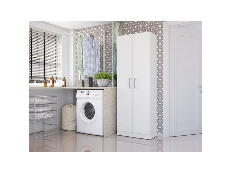 Armoire De Buanderie Cellier Blanche 61 Cm - 5 Niches + Espace Balais - Meuble Rangement LAVANDE