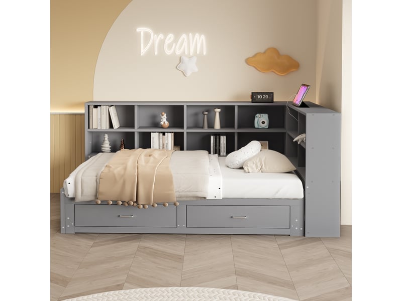 Canapé-lit Convertible 90/180x190 Cm Avec Rangements - Bois Massif, Tiroirs, Prise USB Et électrique Intégrée