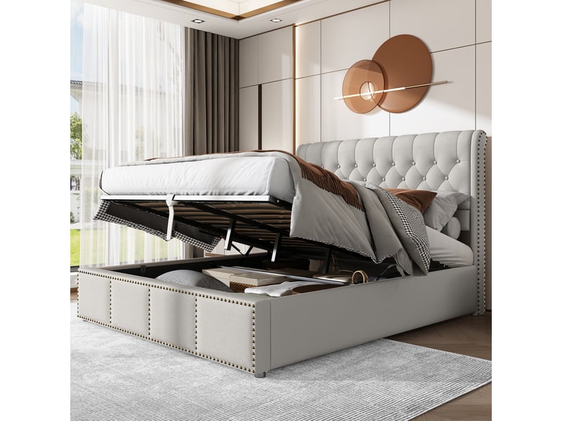 Lit Capitonné 140x200 Cm - Avec Rangement Sous Le Lit (20 Cm), Cadre Bois, Assemblage Facile - Couleur Beige