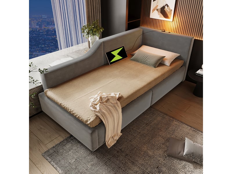 Lit Enfant Coffre 90x200 Cm – Système Hydraulique, Rangement Intégré, Bord Relevé Souple – Velours Gris, Charge 150 Kg - 10