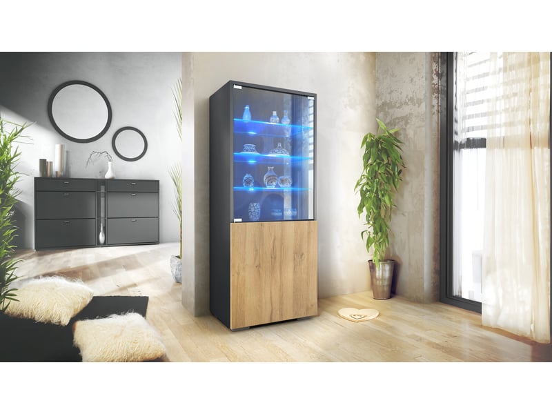 Vitrine Vladon Granada - 50x122,5x34,5 Cm - Porte Verre + LED - Fabriqué En Allemagne - Anthracite