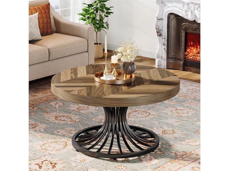 Tribesigns Table basse ronde, Table basse circulaire à 2 niveaux avec rangement, Table centrale d'appoint moderne en bois pour salon, Plateau et base épais, Marron rustique