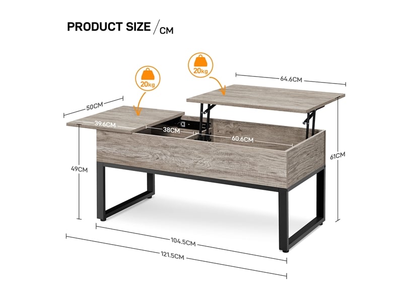 Table Basse Relevable Yaheetech | Compartiment Caché | Bois MDF | Gris | 104.5x49.5x47cm