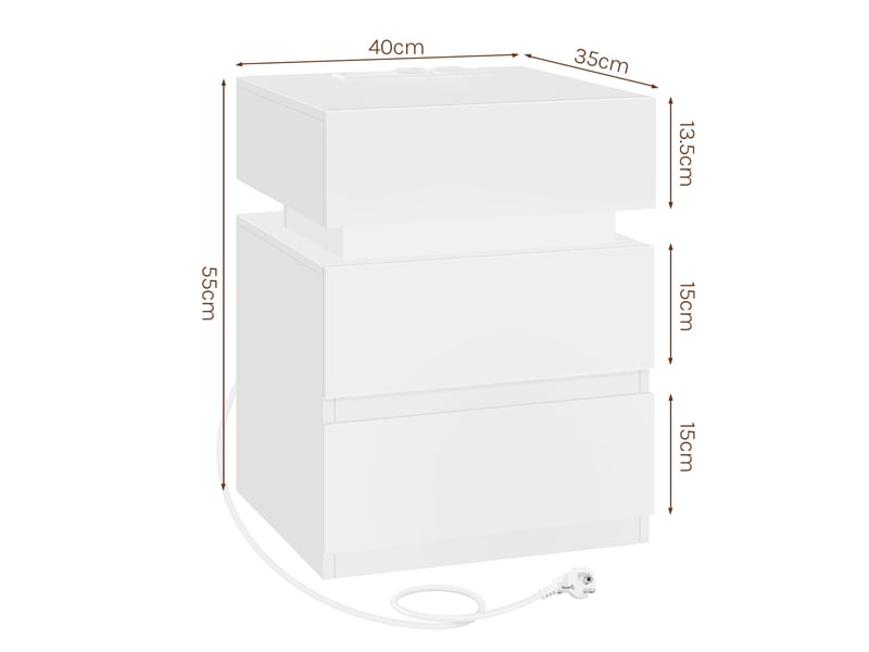 Table De Chevet Avec Station De Charge Et Lumière LED 16 Couleurs - 3 Tiroirs Blanc 45x35x62cm