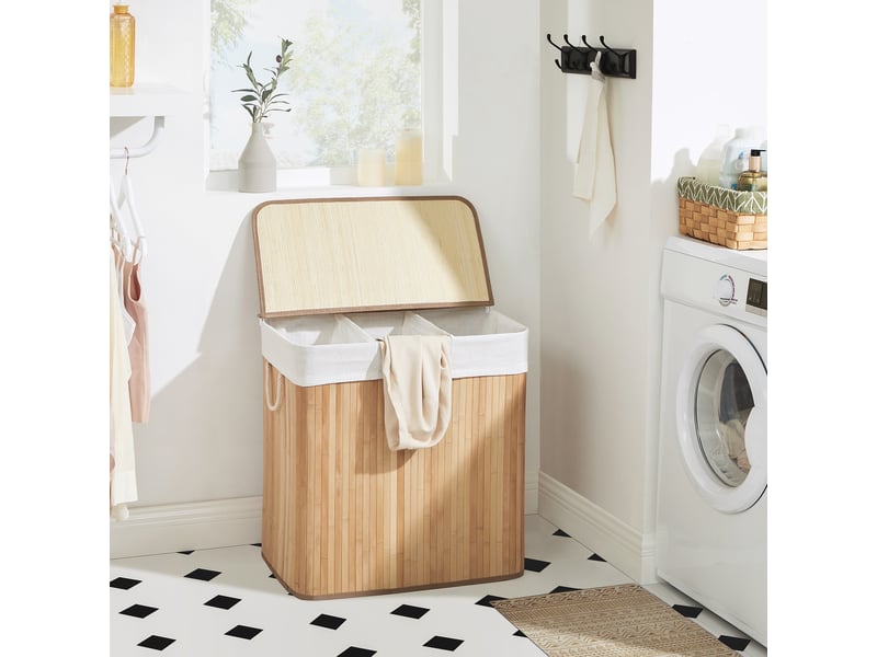 Panier à Linge SONGMICS 150L - 3 Compartiments, Couvercle Bambou | Pliable, Sac Lavable Machine