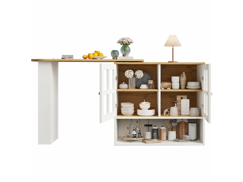 Comptoir De Bar Extensible Pivotant 360° Sweiko – Portes Vitrées, Nombreux Rangements, Blanc/noir – Idéal Cuisine/salon