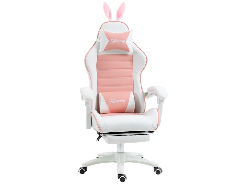 Hellove Chaise Gaming Ergonomique, Fauteuil Gamer avec Repose-Pieds Rétractable, Coussin Lombaire et Oreilles de Chat, pour Filles, Adolescents, Enfants, Cuir PU, Rose et Blanc