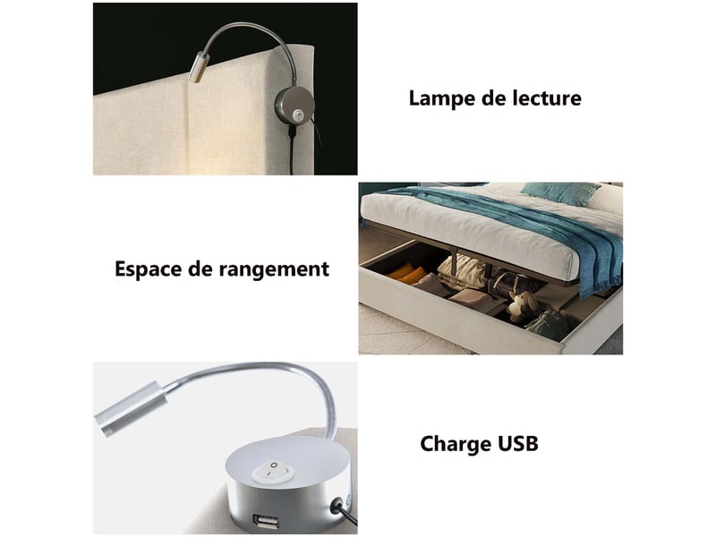 Lit Coffre 160x200 Avec LED Intégrée Et Tête De Lit Réglable – Espace De Rangement, Sommier Lattes, Simili Cuir Beige, Max 300 Kg