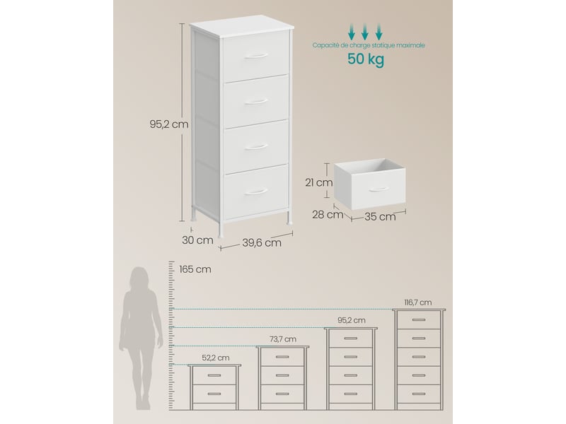 Commode Avec Miroir Réglable Et 4 Tiroirs En Tissu - Blanc, Rangement Polyvalent Pour Chambre, Entrée, Couloir