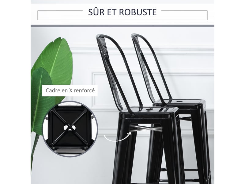 Lot De 4 Tabourets De Bar Industriel HOMCOM - Dossier Et Repose-Pieds - Hauteur 76,5 Cm - Noir