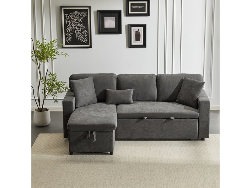 Canapé D'angle Convertible En Lit Avec Rangement - Velours Chenille, Ports USB, Porte-gobelets - Gris Foncé, 4 Places