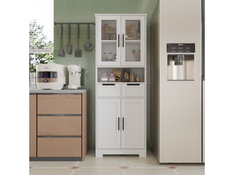 Armoire De Cuisine/buffet Blanc 2 Portes 2 Tiroirs - Style Campagne Moderne, étagères Réglables, 178.5x75x38 Cm