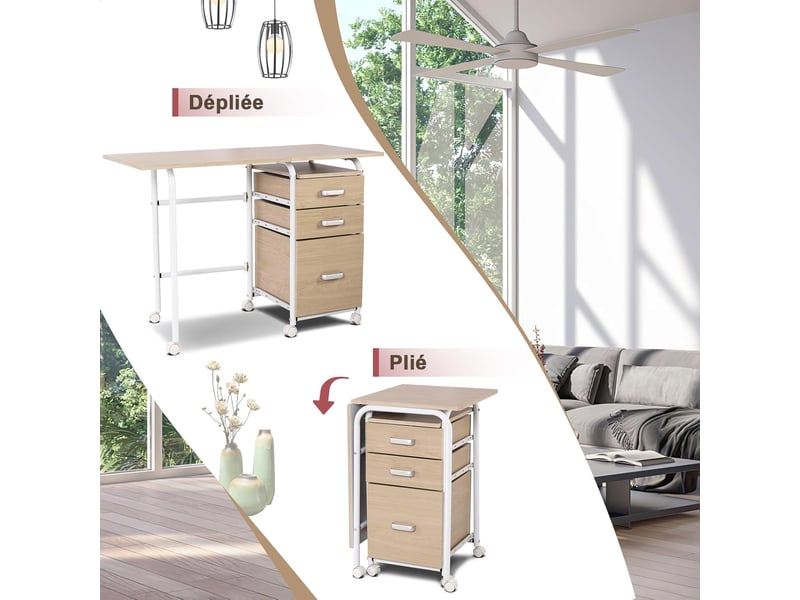 Costway bureau pliable avec 3 tiroirs, table d'écriture roues verrouillables, bureau à domicile roulant avec cadre en métal, bureau compact pour dortoir, appartement blanc