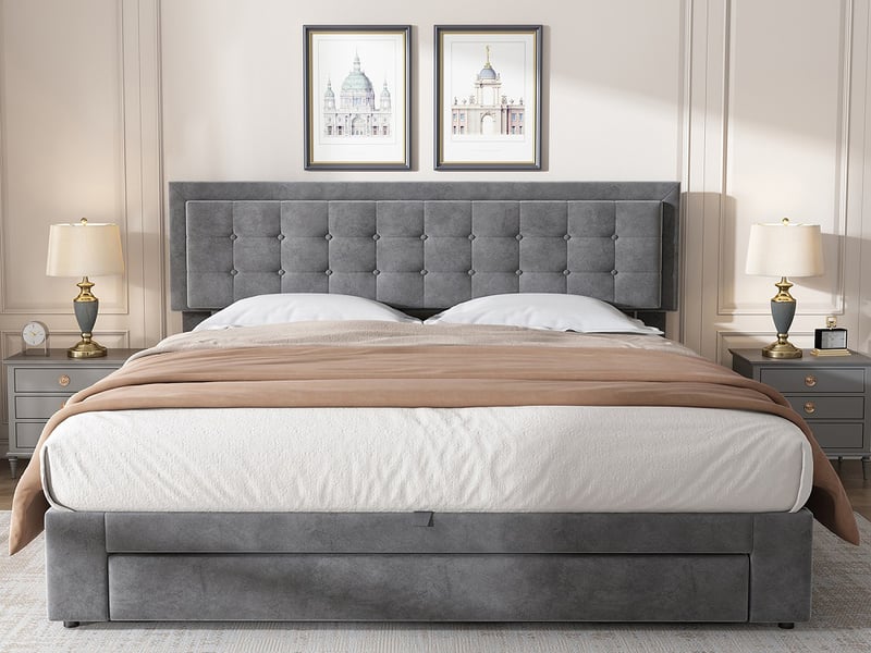 Sommier à Lattes Rembourré VidaXL 200x200 Cm - Cadre Lit Double Gris Tissu Polyester - Sans Tête De Lit Ni Matelas