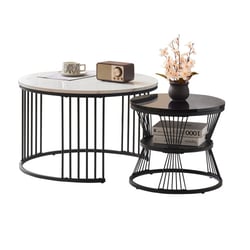 Tables Basses Gigognes Imitation Marbre - 2 Tailles (70x45cm Et 45x40cm), Structure Métal Doré/noir - Pour Salon Moderne - 12