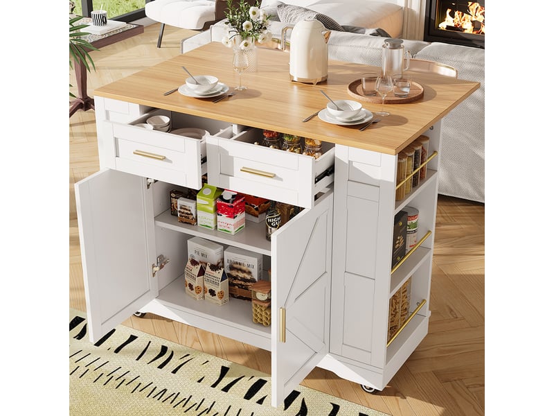 Ilot De Cuisine Roulant Noir 106x50x90.5 Cm - Plateau Rabattable, Roulettes, Rangements - Desserte Multifonction