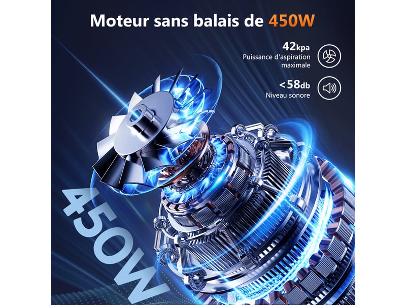Aspirateur Balai Sans Fil 550W/45Kpa - 60 Min Autonomie, Support Mural, Filtration HEPA, Anti-Poils Animaux