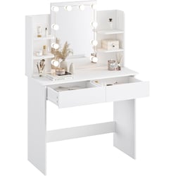 Coiffeuse D'angle Zelia Blanche Avec Miroir LED - 3 étagères, Tiroir, Caisson Et Tabouret - Pour Dressing Ou Chambre - 10