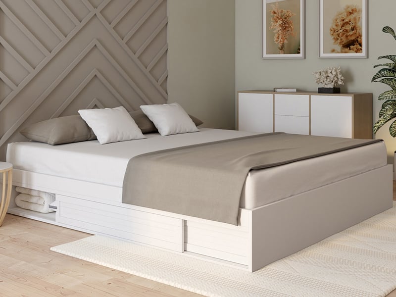 Cadre De Lit Double 180x200cm Avec Tiroirs - Bois De Pin Massif - Sommier à Lattes - Blanc